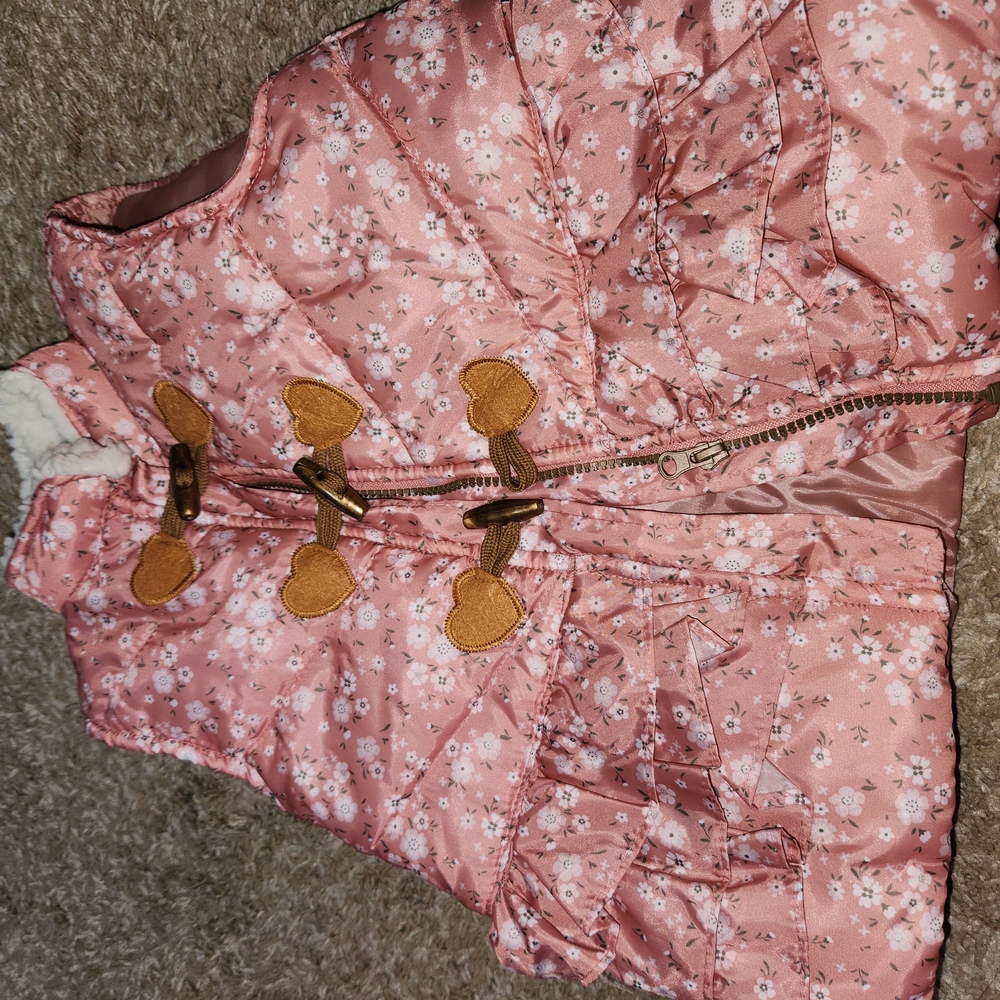 Pink Floral Puffer Vest with Heart Toggles